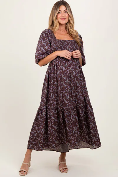 PinkBlush Plum Floral Smocked Hi-Low Puff Sleeve Maternity Maxi Dress