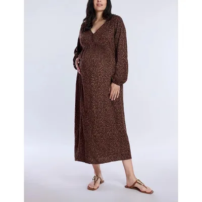 Target Womens Long Sleeve Button Front Maternity Midi Dress - Brown Animal - Size: Medium - Motherhood Maternity
