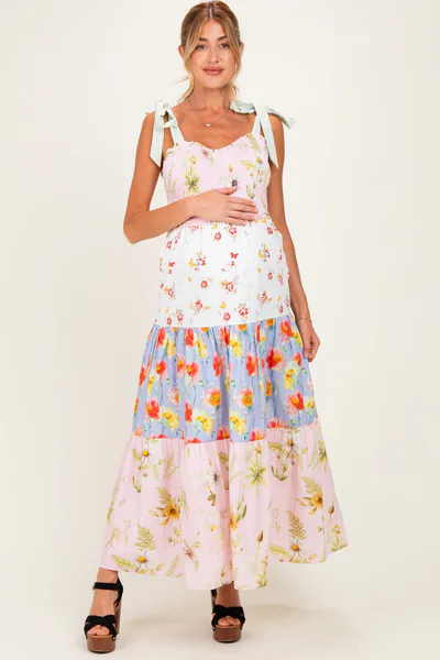 PinkBlush Floral Vintage Garden Maternity Tiered Maxi Dress