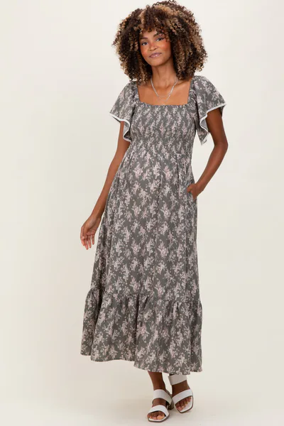 PinkBlush Olive Floral Smocked Lace Trim Flutter Sleeve Maternity Midi Dress