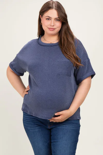 PinkBlush Navy Plus Raised Rib Short Sleeve Front Pocket Maternity Top