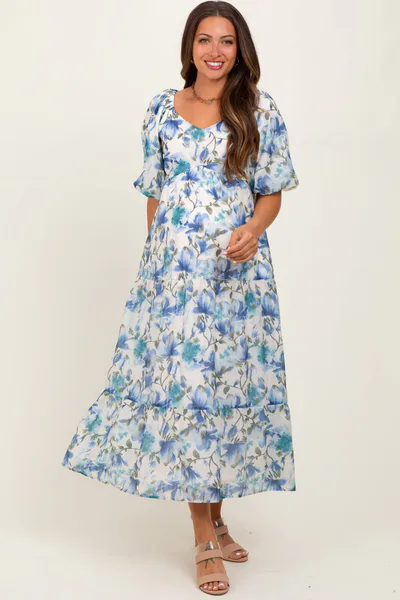 PinkBlush Blue Floral Tiered Puff Sleeve Maternity Midi Dress