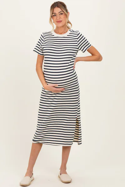 PinkBlush Navy Striped Short Sleeve Maternity Midi Dress