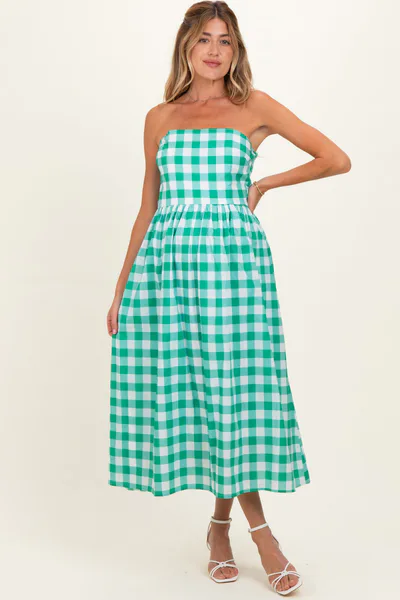PinkBlush Green Gingham Strapless Maternity Midi Dress
