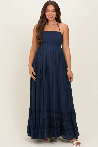 PinkBlush Navy Smocked Halter Open Back Maternity Maxi Dress