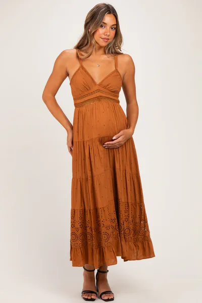 PinkBlush Desert Lace Accent V-Neck Tiered Maternity Maxi Dress