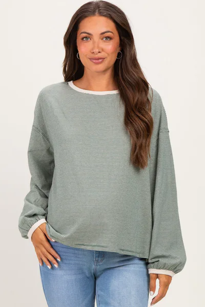 PinkBlush Green Striped Boat Neck Long Sleeve Maternity Top