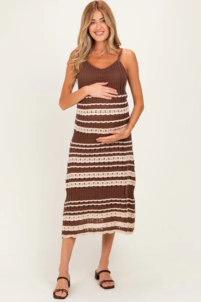 PinkBlush Chocolate Sleeveless Striped Crochet Maternity Dress