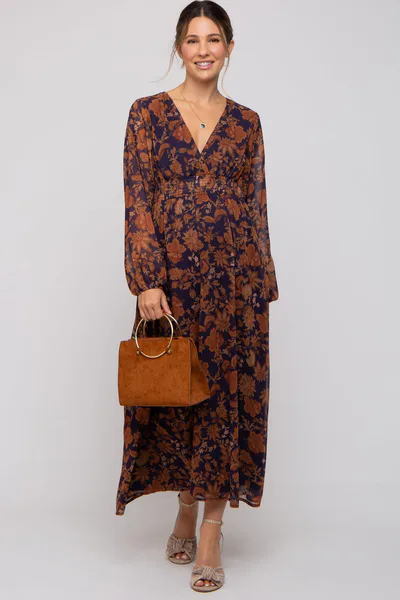PinkBlush Navy Floral Long Sleeve V-Neck Maternity Maxi Dress