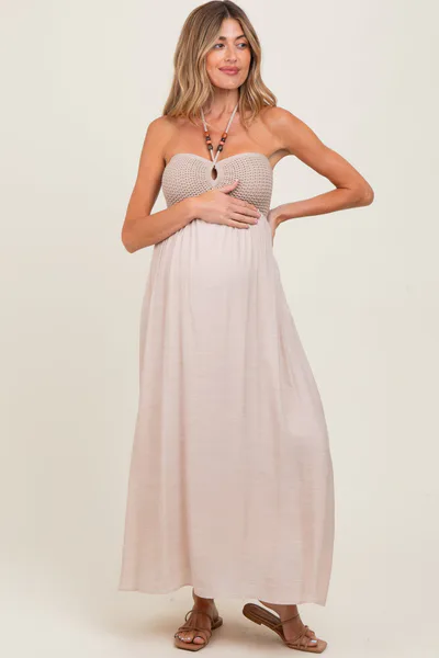PinkBlush Beige Crochet Contrast Beaded Halter Neck Maternity Maxi Dress