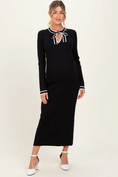 PinkBlush Black Tie Neck Maternity Sweater Midi Dress