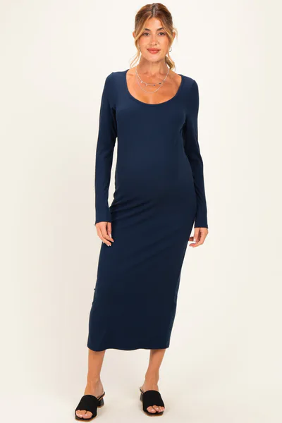 PinkBlush Navy Scoop Neck Long Sleeve Maternity Midi Dress