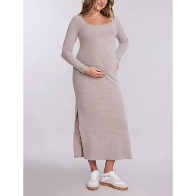 Target Women's Square Neck Rib Knit Long Sleeve Bodycon Maxi Dress - Oatmeal Stripe - Size: Medium - Motherhood Maternity