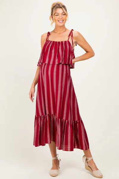 PinkBlush Red Striped Flounce Shoulder Tie Maternity Midi Dress