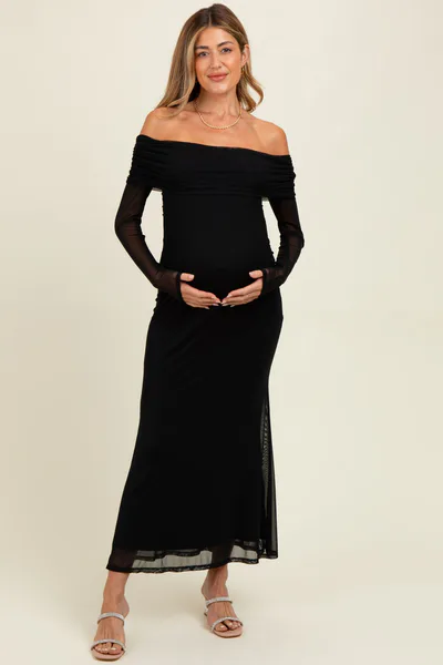 PinkBlush Black Mesh Overlay Off Shoulder Long Sleeve Maternity Midi Dress
