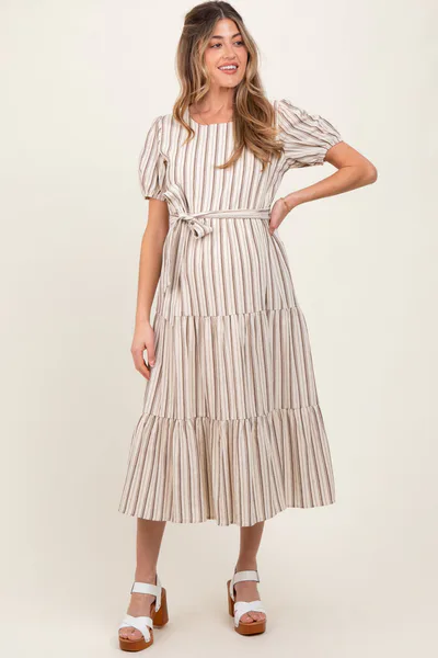 PinkBlush Ivory Stripe Tiered Tied Waist Maternity Midi Dress