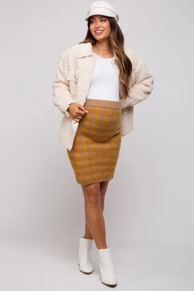 PinkBlush Camel Plaid Fuzzy Knit Fitted Maternity Skirt