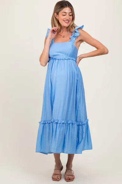PinkBlush Blue Ruffle Strap Square Neck Maternity Midi Dress