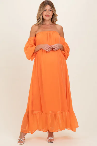 PinkBlush Orange Chiffon Off Shoulder Maternity Maxi Dress