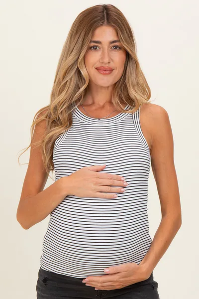 PinkBlush White Striped Ribbed Knit Maternity Tank Top