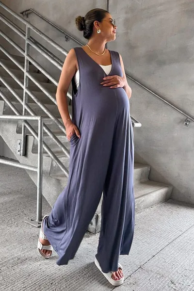 PinkBlush Blue Deep V Sleeveless Wide Leg Maternity Jumpsuit