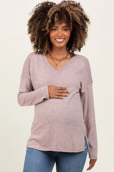 PinkBlush Beige Basic V-Neck Long Sleeve Brushed Knit Maternity Top