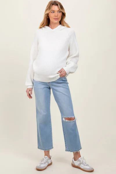 PinkBlush Light Blue Distressed Open Knee Maternity Straight Leg Jeans