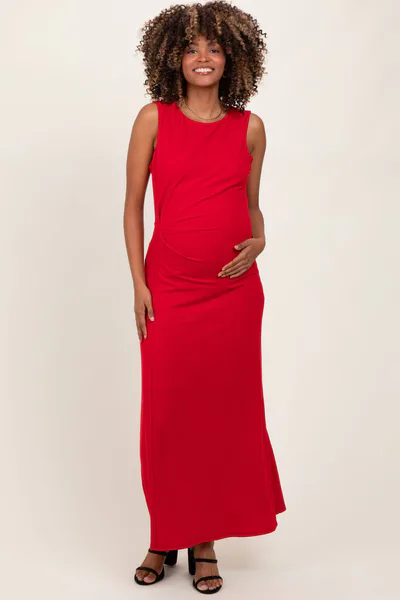 PinkBlush Red Gathered Waist Sleeveless Maternity Maxi Dress