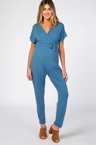 PinkBlush Blue Wrap Tie Maternity Jumpsuit