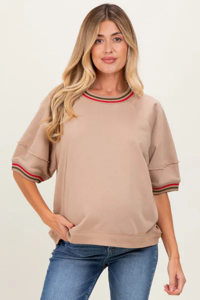 PinkBlush Beige Contrast Trim Short Sleeve Maternity Pullover