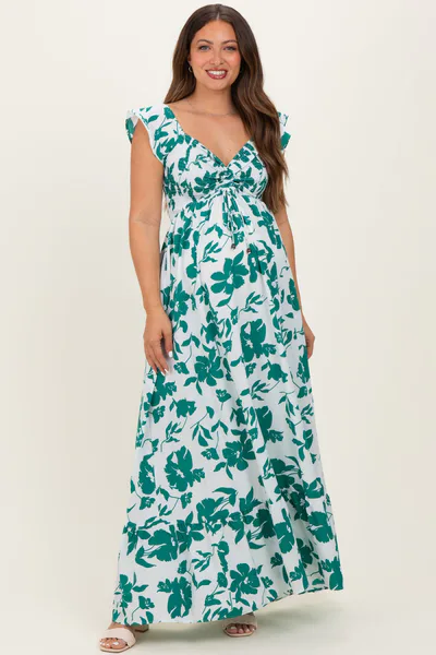 PinkBlush White Floral Smocked Cinched Top Maternity Maxi Dress