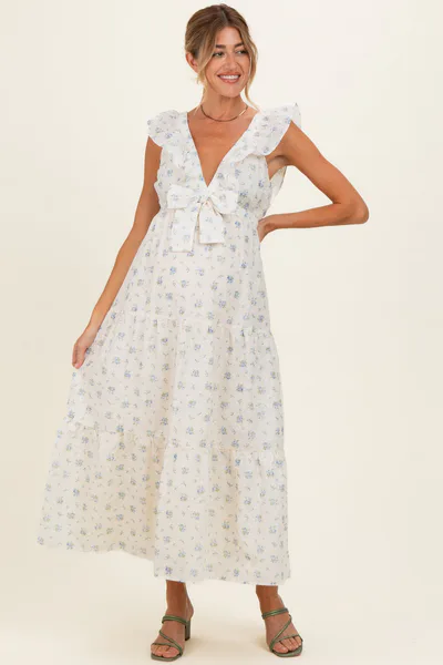 PinkBlush Cream Floral Front Bow Open Back Maternity Midi Dress