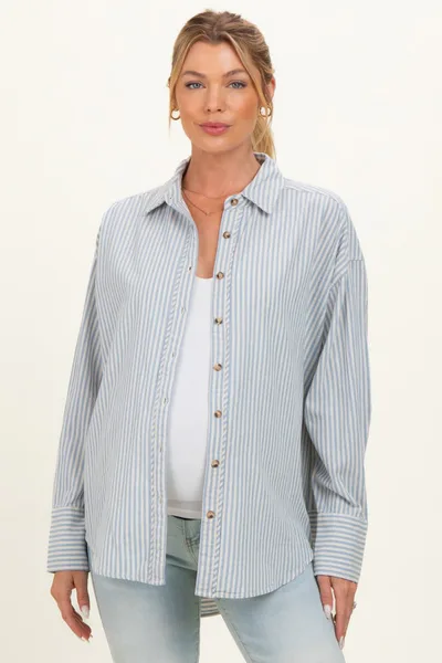 PinkBlush Blue Oversized Striped Button Down Long Sleeve Maternity Shirt