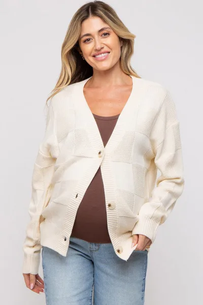 PinkBlush Cream Checkered Knit Button Front Maternity Cardigan