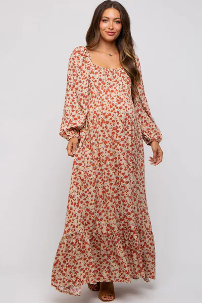 PinkBlush Beige Floral Square Neck Ruffle Maternity Maxi Dress