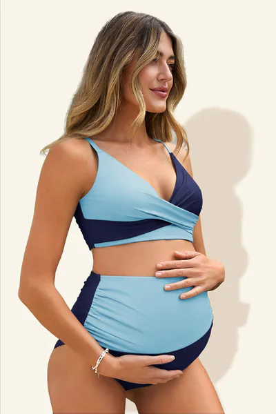 Summer Mae Maternity Color Block Criss Cross V-Neck Bikini High Waist Two Piece