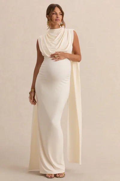 Club L London Belva | Cream Round-Neck Maternity Maxi Dress With Cape Detail