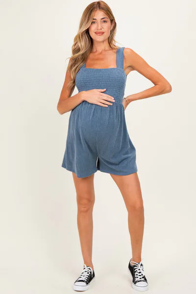 PinkBlush Denim Ribbed Smocked Bodice Maternity Romper