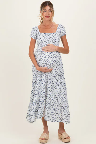 PinkBlush White Floral Smocked Puff Sleeve Maternity Maxi Dress