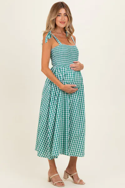 PinkBlush Green Gingham Smocked Shoulder Tie Maternity Midi Dress