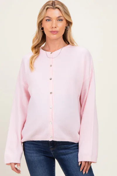 PinkBlush Light Pink Long Sleeve Crew Neck Maternity Cardigan