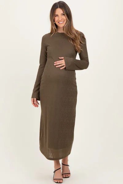 PinkBlush Olive Lace Jacquard Long Sleeve Maternity Midi Dress