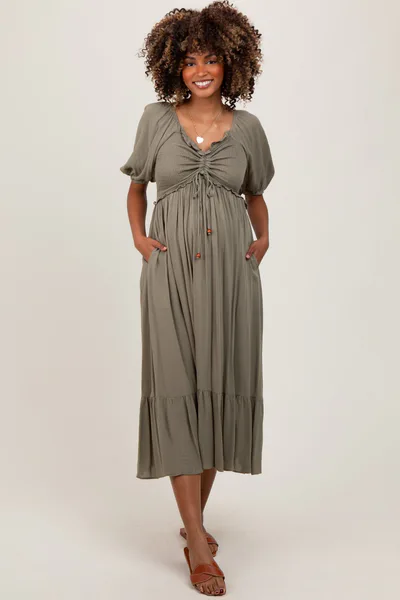 PinkBlush Olive Smocked Cinched Front Maternity Maxi Dress