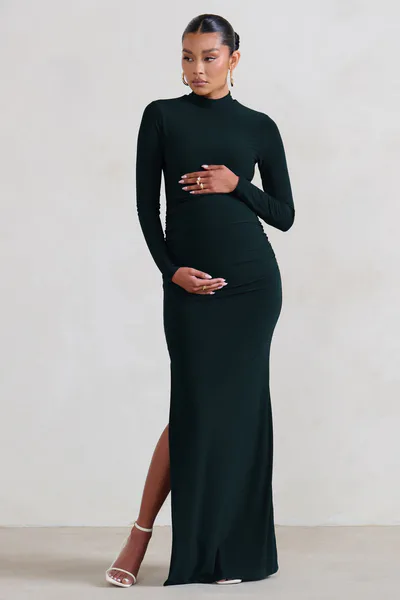 Club L London Alejandra | Black Maternity Long Sleeve High Neck Maxi Dress