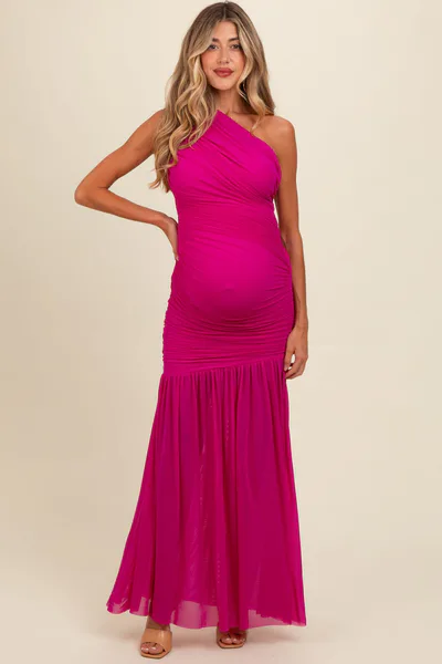 PinkBlush Magenta Ruched Mesh One Shoulder Maternity Maxi Dress