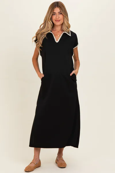 PinkBlush Black Stitch Detail Collared Maternity Midi Dress