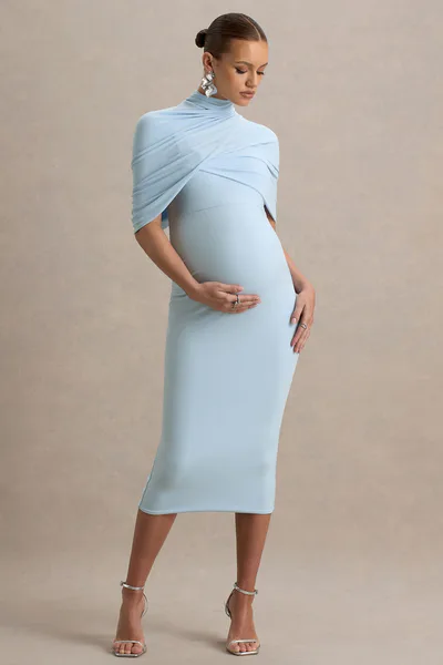 Club L London Augustina | Powder Blue Maternity Midi Dress With Cape