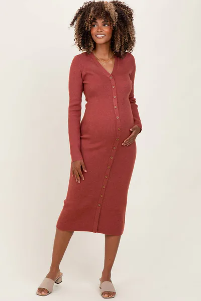 PinkBlush Rust Ribbed Knit Button Down Long Sleeve Maternity Midi Dress