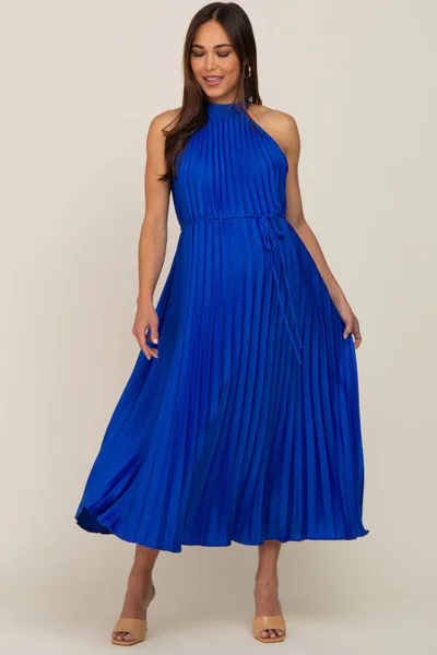 PinkBlush Royal Blue Pleated Maternity Halter Dress