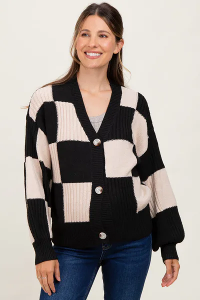 PinkBlush Black Checkered Rib Bubble Sleeve Button Maternity Cardigan